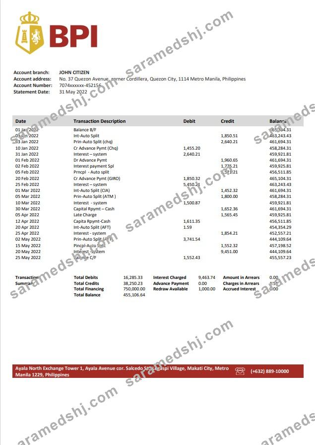 Philippines Bank of the Philippine Islands bank statement template in Word and PDF format